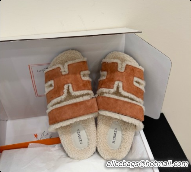 Stylish Hermes Chypre Flat Slides Sandal in Suede and Shearling H082021 Light Brown 2026