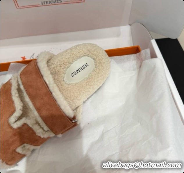 Stylish Hermes Chypre Flat Slides Sandal in Suede and Shearling H082021 Light Brown 2026