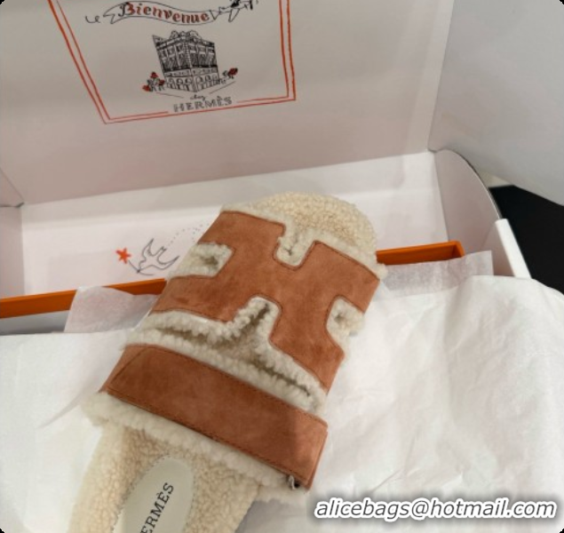 Stylish Hermes Chypre Flat Slides Sandal in Suede and Shearling H082021 Light Brown 2026