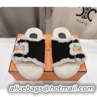 Low Cost Hermes Suede Slides Sandals with Fur H082032 Black 2026