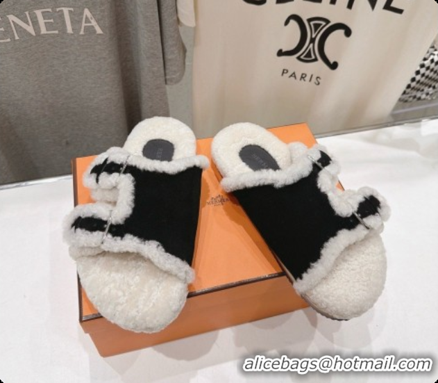 Low Cost Hermes Suede Slides Sandals with Fur H082032 Black 2026