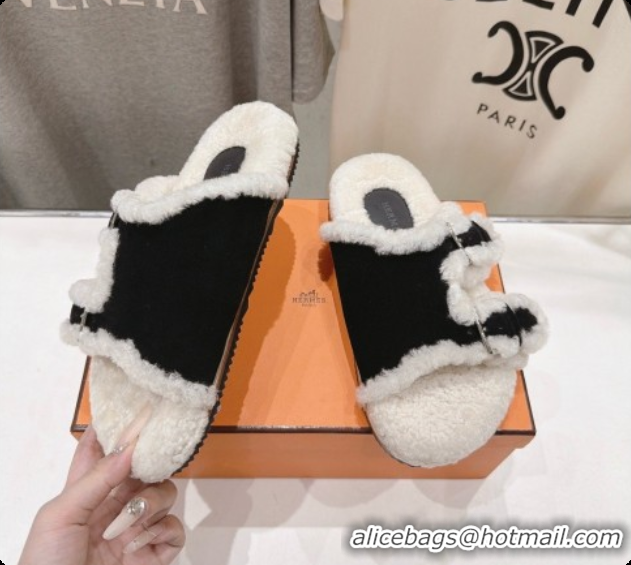 Low Cost Hermes Suede Slides Sandals with Fur H082032 Black 2026
