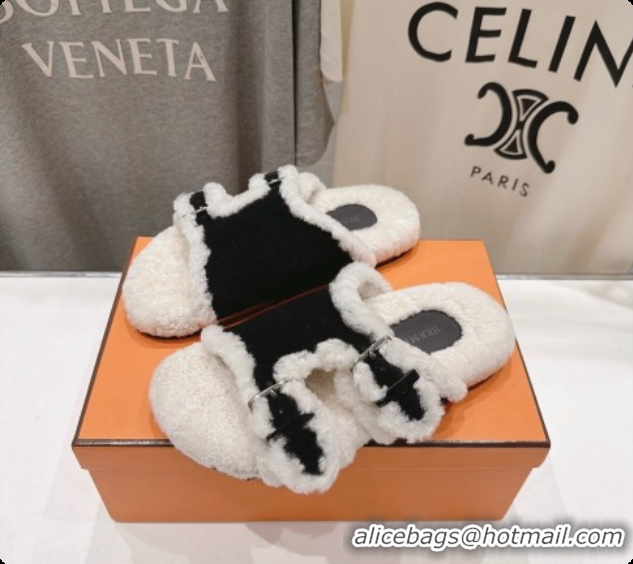Low Cost Hermes Suede Slides Sandals with Fur H082032 Black 2026