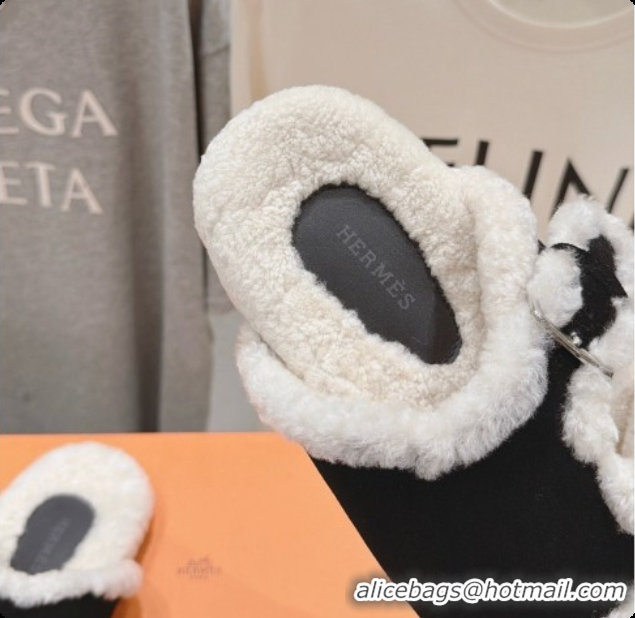 Low Cost Hermes Suede Slides Sandals with Fur H082032 Black 2026