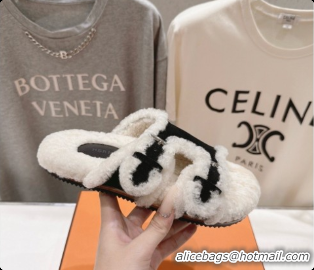 Low Cost Hermes Suede Slides Sandals with Fur H082032 Black 2026