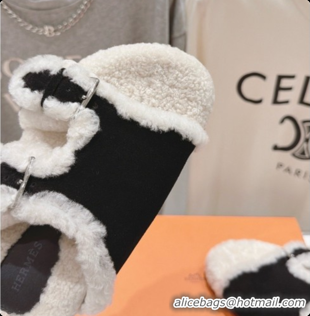 Low Cost Hermes Suede Slides Sandals with Fur H082032 Black 2026