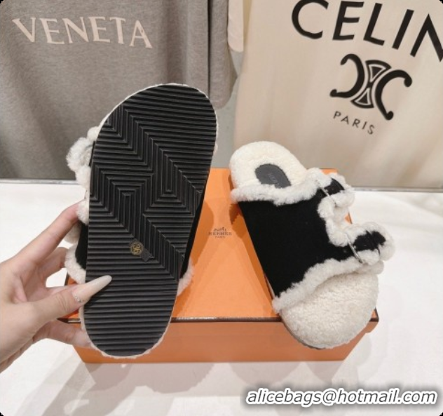 Low Cost Hermes Suede Slides Sandals with Fur H082032 Black 2026