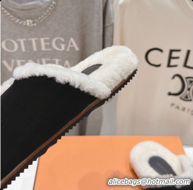 Low Cost Hermes Suede Slides Sandals with Fur H082032 Black 2026