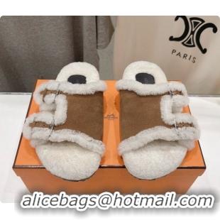 Luxury Cheap Hermes Suede Slides Sandals with Fur H082034 Brown 2026