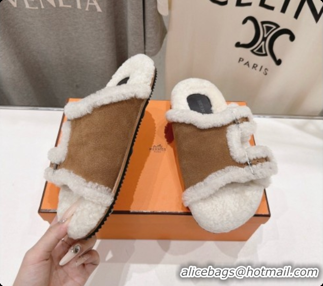 Luxury Cheap Hermes Suede Slides Sandals with Fur H082034 Brown 2026