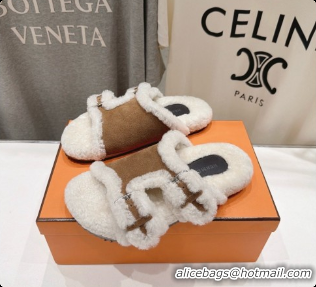 Luxury Cheap Hermes Suede Slides Sandals with Fur H082034 Brown 2026
