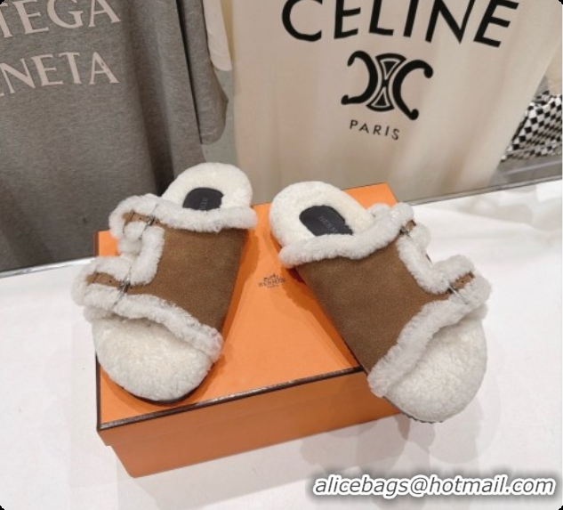 Luxury Cheap Hermes Suede Slides Sandals with Fur H082034 Brown 2026