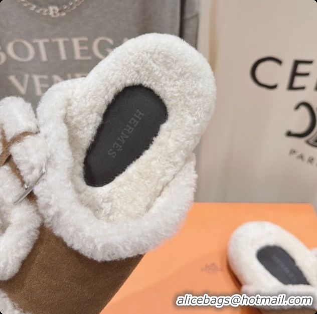 Luxury Cheap Hermes Suede Slides Sandals with Fur H082034 Brown 2026