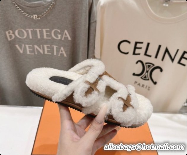 Luxury Cheap Hermes Suede Slides Sandals with Fur H082034 Brown 2026