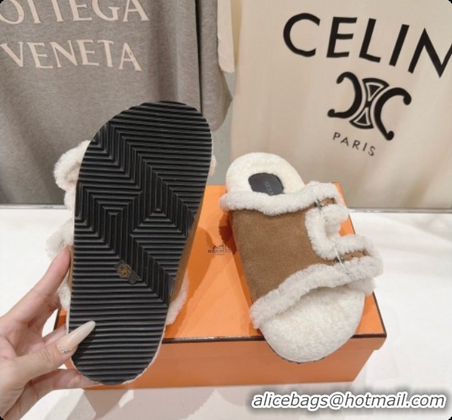 Luxury Cheap Hermes Suede Slides Sandals with Fur H082034 Brown 2026