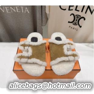 Luxury Hermes Suede Slides Sandals with Fur H082033 Brown 02 2026