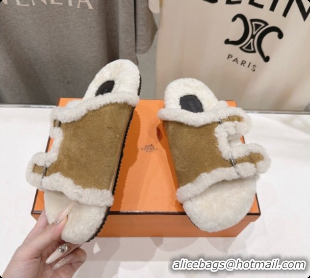 Luxury Hermes Suede Slides Sandals with Fur H082033 Brown 02 2026