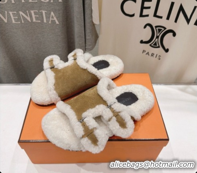 Luxury Hermes Suede Slides Sandals with Fur H082033 Brown 02 2026
