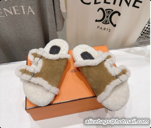Luxury Hermes Suede Slides Sandals with Fur H082033 Brown 02 2026