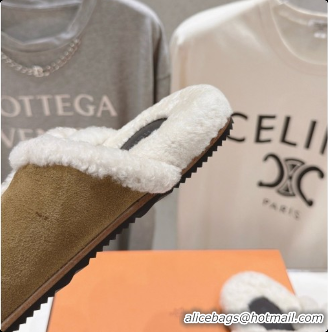 Luxury Hermes Suede Slides Sandals with Fur H082033 Brown 02 2026