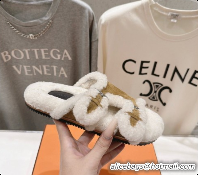 Luxury Hermes Suede Slides Sandals with Fur H082033 Brown 02 2026