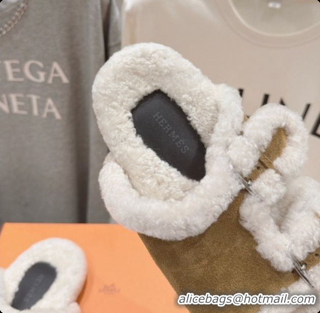 Luxury Hermes Suede Slides Sandals with Fur H082033 Brown 02 2026