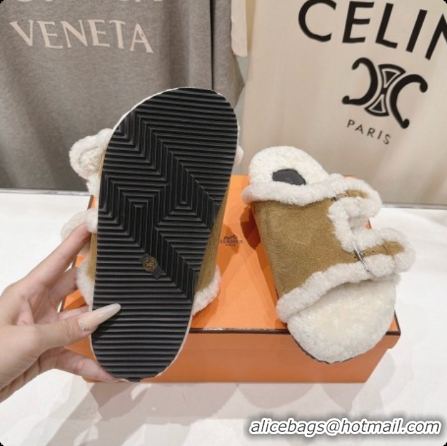 Luxury Hermes Suede Slides Sandals with Fur H082033 Brown 02 2026