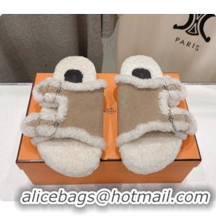 Purchase Hermes Suede Slides Sandals with Fur H082035 Beige 2026