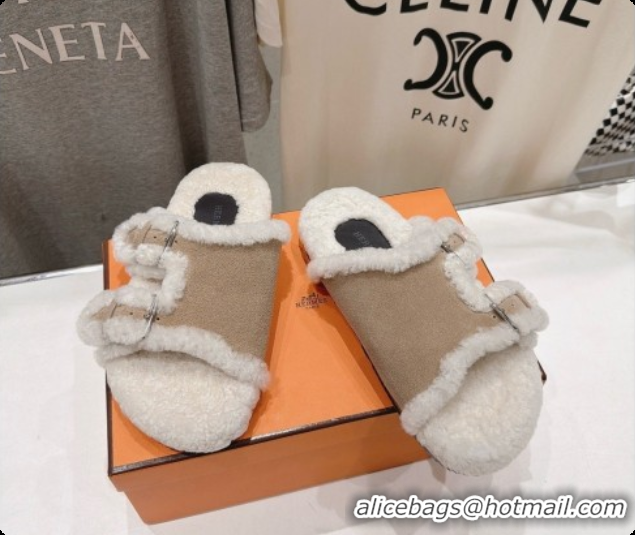 Purchase Hermes Suede Slides Sandals with Fur H082035 Beige 2026
