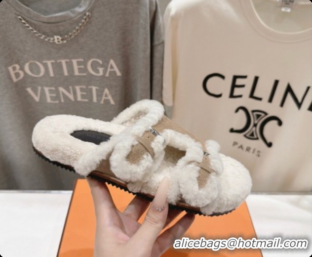 Purchase Hermes Suede Slides Sandals with Fur H082035 Beige 2026