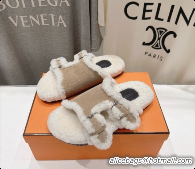 Purchase Hermes Suede Slides Sandals with Fur H082035 Beige 2026