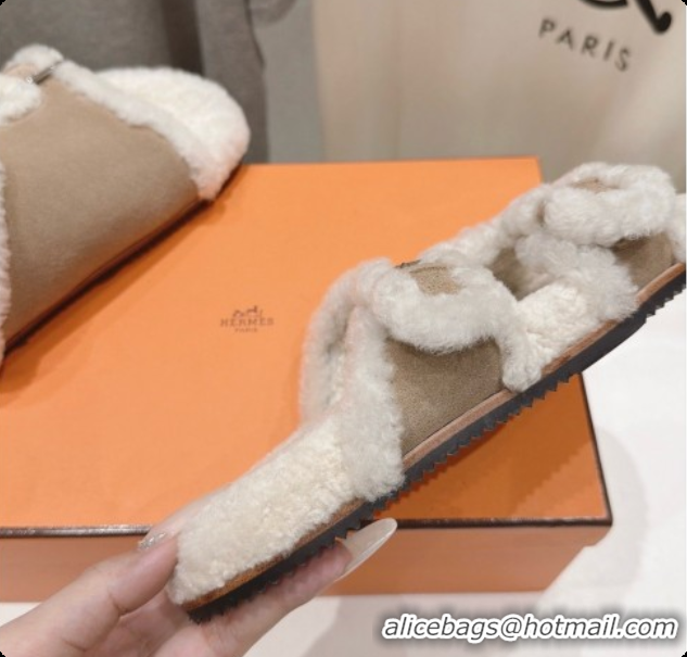 Purchase Hermes Suede Slides Sandals with Fur H082035 Beige 2026