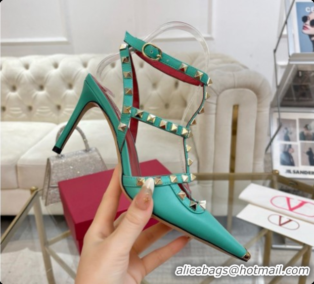 Good Quality Valentino Rockstud Kidskin Pumps 100MM 6080357 Green 2026