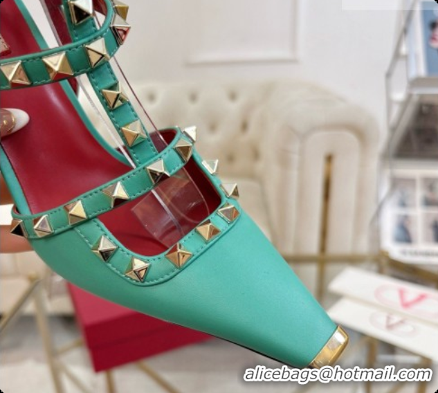 Good Quality Valentino Rockstud Kidskin Pumps 100MM 6080357 Green 2026