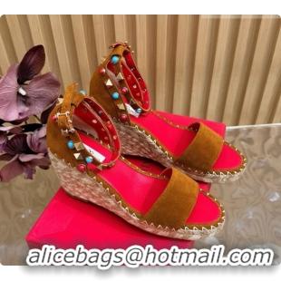 Stylish Valentino Rockstud Double Wedge Sandal in Suede Brown 6081433