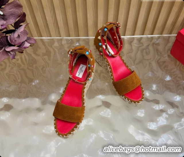 Stylish Valentino Rockstud Double Wedge Sandal in Suede Brown 6081433
