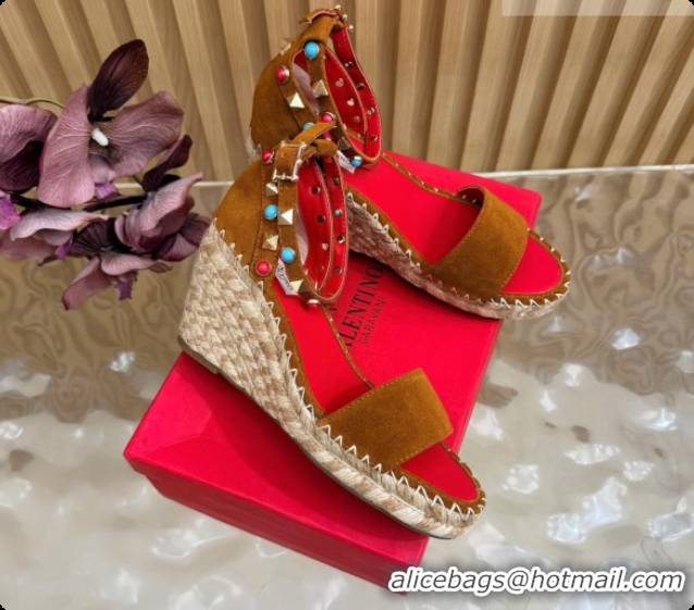 Stylish Valentino Rockstud Double Wedge Sandal in Suede Brown 6081433