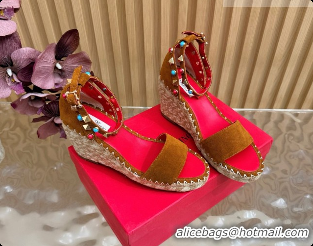 Stylish Valentino Rockstud Double Wedge Sandal in Suede Brown 6081433