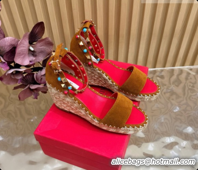Stylish Valentino Rockstud Double Wedge Sandal in Suede Brown 6081433