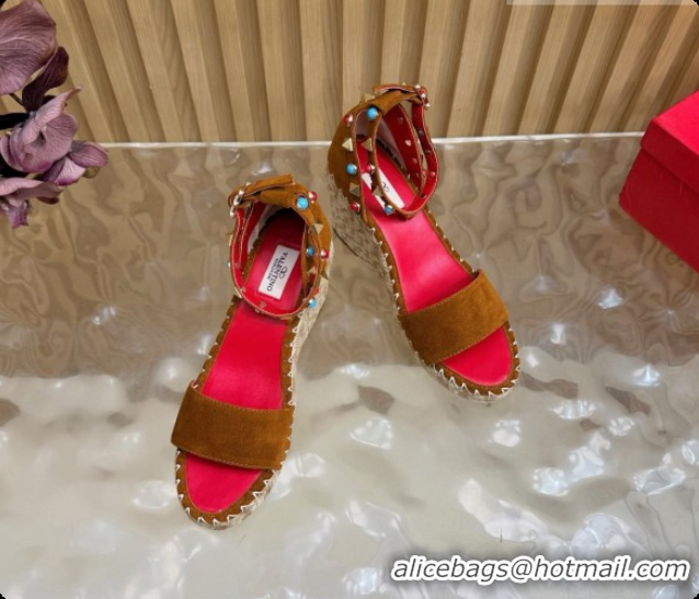 Stylish Valentino Rockstud Double Wedge Sandal in Suede Brown 6081433