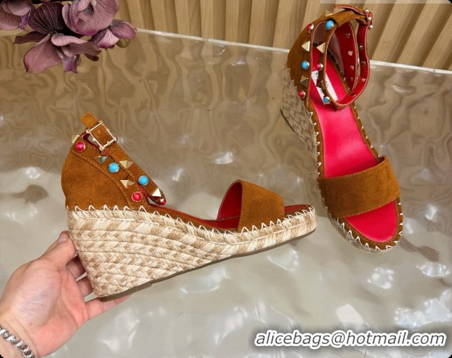 Stylish Valentino Rockstud Double Wedge Sandal in Suede Brown 6081433