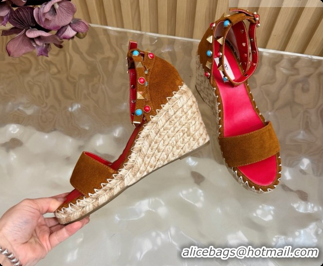 Stylish Valentino Rockstud Double Wedge Sandal in Suede Brown 6081433