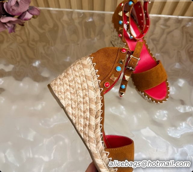 Stylish Valentino Rockstud Double Wedge Sandal in Suede Brown 6081433