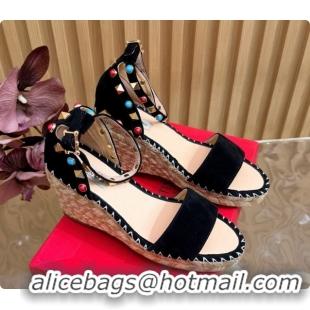 Hot Style Valentino Rockstud Double Wedge Sandal in Suede Black 6081434