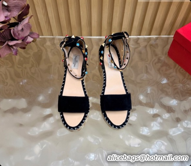 Hot Style Valentino Rockstud Double Wedge Sandal in Suede Black 6081434
