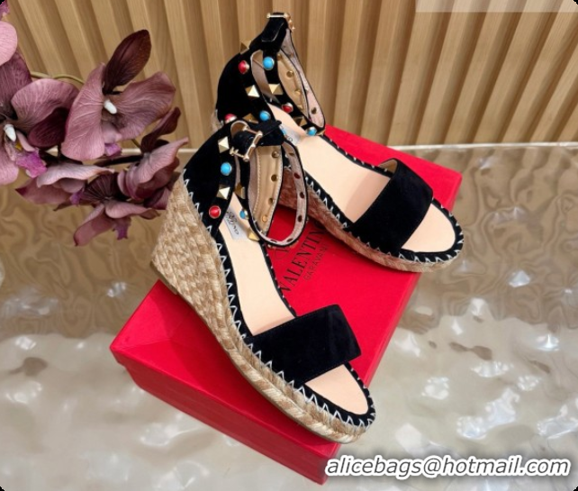 Hot Style Valentino Rockstud Double Wedge Sandal in Suede Black 6081434