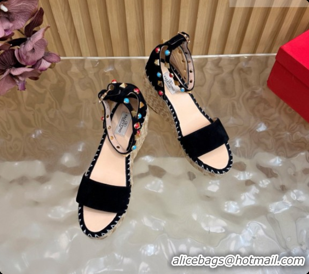 Hot Style Valentino Rockstud Double Wedge Sandal in Suede Black 6081434