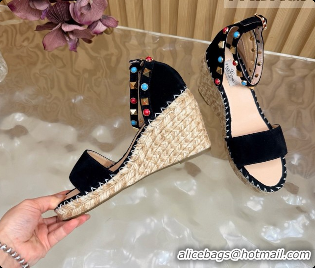 Hot Style Valentino Rockstud Double Wedge Sandal in Suede Black 6081434