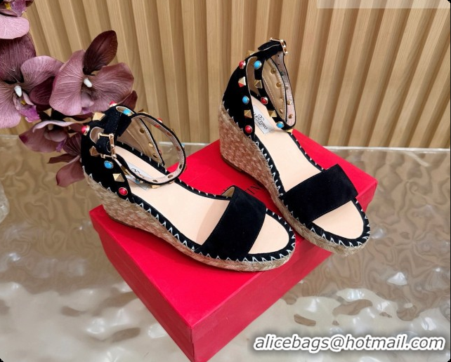 Hot Style Valentino Rockstud Double Wedge Sandal in Suede Black 6081434