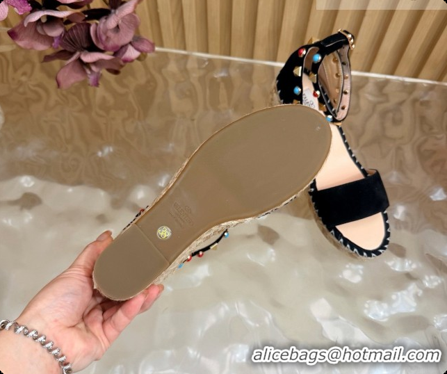 Hot Style Valentino Rockstud Double Wedge Sandal in Suede Black 6081434